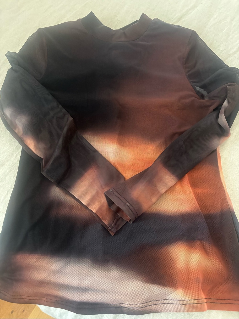 Sheer Long-Sleeve Tie-Dye Mock Neck Top - Brown/Black